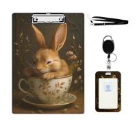 VOGDMKJG Bunny Teacup Clipboard with ID Card Holder - 9x12.5 Inch Acrylic Letter Size Clip Board, Hardboard Clipboard with Metal Clip Aesthetic Office Supplies for Nurses/Teachers/Students