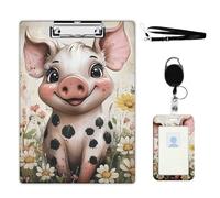 VOGDMKJG Cute Pig Daisy Clipboard with ID Card Holder - 9x12.5 Inch Acrylic Letter Size Clip Board, Hardboard Clipboard with Metal Clip Aesthetic Office Supplies for Nurses/Teachers/Students