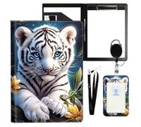 VOGDMKJG Cute White Tiger Leather Padfolio Clipboard with ID Badge Holder&Pen Holde&Heavy Duty Clip File Folder,Efficiency Slim Document Organizer for Nursing/School/Office for Women Men