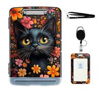 VOGDMKJG Heavy Duty Storage Clipboard(Side-Open) Slim Plastic Organization Case Box with ID Badge Holder&Pen Holder,Black Cat Floral File Case Portfolio for Letter A4 Size Nurses,Students,Coaches
