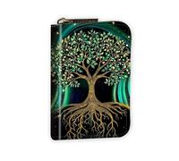 VOGDMKJG Leather Card Wallet for Women Men, RFID Blocking Accordion Credit Card Holder, Small Zip Around Pocket Wallet Purse with 12 Slots Pockets, Tree of Life Aurora Spirit, Leaf