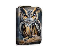 VOGDMKJG Leather Card Wallet for Women Men, RFID Blocking Accordion Credit Card Holder, Small Zip Around Pocket Wallet Purse with 12 Slots Pockets, Wise Owl Reading Antique Book, Animal Print