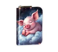 VOGDMKJG Leather Card Wallet for Women Men, RFID Blocking Accordion Credit Card Holder, Small Zip Around Pocket Wallet Purse with 12 Slots Pockets, Sleeping Baby Pig On Moon, Animal Print