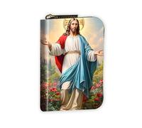 VOGDMKJG Leather Card Wallet for Women Men, RFID Blocking Accordion Credit Card Holder, Small Zip Around Pocket Wallet Purse with 12 Slots Pockets, Jesus Christ Sacred Garden, Floral