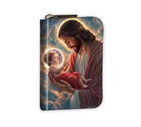 VOGDMKJG Leather Card Wallet for Women Men, RFID Blocking Accordion Credit Card Holder, Small Zip Around Pocket Wallet Purse with 12 Slots Pockets, Jesus Holding Baby Sacred, Hearts
