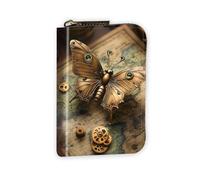 VOGDMKJG Leather Card Wallet for Women Men, RFID Blocking Accordion Credit Card Holder, Small Zip Around Pocket Wallet Purse with 12 Slots Pockets, Steampunk Mechanical Butterfly on Map, Geometric