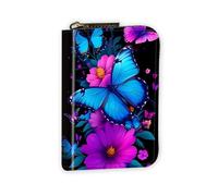 VOGDMKJG Leather Card Wallet for Women Men, RFID Blocking Accordion Credit Card Holder, Small Zip Around Pocket Wallet Purse with 12 Slots Pockets, Neon Butterfly Purple Bloom, Floral