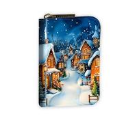 VOGDMKJG Leather Card Wallet for Women Men, RFID Blocking Accordion Credit Card Holder, Small Zip Around Pocket Wallet Purse with 12 Slots Pockets, Cozy Winter Village Snow Night, Herringbone