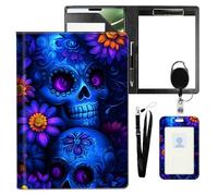 VOGDMKJG Leather Padfolio Clipboard with ID Badge Holder&Pen Holde,Blue Neon Skull Professional Resume File Folder for Women Men,Fits 11-inch Tablet,Document Organizer for Busines Interview/School