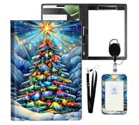 VOGDMKJG Leather Padfolio Clipboard with ID Badge Holder&Pen Holde,Colorful Christmas Tree Professional Resume File Folder for Women,Fits 11-inch Tablet,Document Organizer for Busines Interview/School