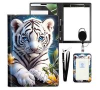 VOGDMKJG Leather Padfolio Clipboard with ID Badge Holder&Pen Holde,Cute White Tiger Professional Resume File Folder for Women Men,Fits 11-inch Tablet,Document Organizer for Busines Interview/School
