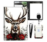 VOGDMKJG Leather Padfolio Clipboard with ID Badge Holder&Pen Holde,Deer Head with Peonies Professional Resume File Folder for Women,Fits 11-inch Tablet,Document Organizer for Busines Interview/School
