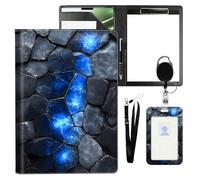 VOGDMKJG Leather Padfolio Clipboard with ID Badge Holder&Pen Holde,Glowing Blue Crack Wall Professional Resume File Folder for Women,Fits 11-inch Tablet,Document Organizer for Busines Interview/School