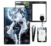 VOGDMKJG Leather Padfolio Clipboard with ID Badge Holder&Pen Holde,Moon Howling Wolves Professional Resume File Folder for Women Men,Fits 11-inch Tablet,Document Organizer for Busines Interview/School
