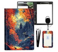 VOGDMKJG Leather Padfolio Clipboard with ID Badge Holder&Pen Holde,Night Forest with Deer Professional Resume File Folder for Women,Fits 11-inch Tablet,Document Organizer for Busines Interview/School