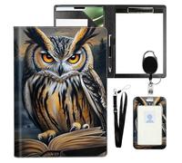 VOGDMKJG Leather Padfolio Clipboard with ID Badge Holder&Pen Holde,Owl Reading Book Professional Resume File Folder for Women Men,Fits 11-inch Tablet,Document Organizer for Busines Interview/School