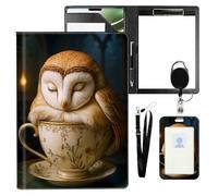 VOGDMKJG Leather Padfolio Clipboard with ID Badge Holder&Pen Holde,Owl Sleeping In Tea Cup Professional Resume File Folder for Women,Fits 11-inch Tablet,Document Organizer for Busines Interview/School