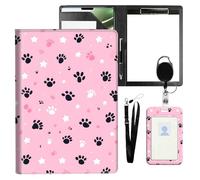 VOGDMKJG Leather Padfolio Clipboard with ID Badge Holder&Pen Holde,Pink Paw Print Professional Resume File Folder for Women Men,Fits 11-inch Tablet,Document Organizer for Busines Interview/School