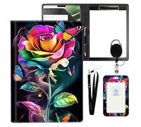 VOGDMKJG Leather Padfolio Clipboard with ID Badge Holder&Pen Holde,Rainbow Rose Professional Resume File Folder for Women Men,Fits 11-inch Tablet,Document Organizer for Busines Interview/School