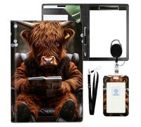 VOGDMKJG Leather Padfolio Clipboard with ID Badge Holder&Pen Holde,Reading Highland Cow Professional Resume File Folder for Women,Fits 11-inch Tablet,Document Organizer for Busines Interview/School