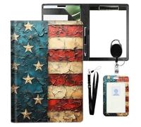 VOGDMKJG Leather Padfolio Clipboard with ID Badge Holder&Pen Holde,Rustic Flag Wall Professional Resume File Folder for Women Men,Fits 11-inch Tablet,Document Organizer for Busines Interview/School