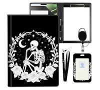 VOGDMKJG Leather Padfolio Clipboard with ID Badge Holder&Pen Holde,Skeleton Floral Moon Professional Resume File Folder for Women,Fits 11-inch Tablet,Document Organizer for Busines Interview/School