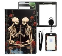 VOGDMKJG Leather Padfolio Clipboard with ID Badge Holder&Pen Holde,Skeleton Lovers Rose Professional Resume File Folder for Women,Fits 11-inch Tablet,Document Organizer for Busines Interview/School