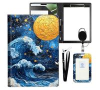 VOGDMKJG Leather Padfolio Clipboard with ID Badge Holder&Pen Holde,Starry Night Sea Waves Professional Resume File Folder for Women,Fits 11-inch Tablet,Document Organizer for Busines Interview/School