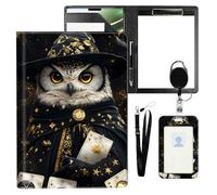 VOGDMKJG Leather Padfolio Clipboard with ID Badge Holder&Pen Holde,Wizard Owl Magic Professional Resume File Folder for Women Men,Fits 11-inch Tablet,Document Organizer for Busines Interview/School