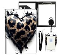VOGDMKJG Leopard Print Heart Leather Padfolio Clipboard with ID Badge Holder&Pen Holde&Heavy Duty Clip File Folder,Efficiency Slim Document Organizer for Nursing/School/Office for Women Men