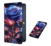 VOGDMKJG Long Bifold Wallet with RFID Blocking, Glowing Blue Rose with Fire Sparks Art, Floral