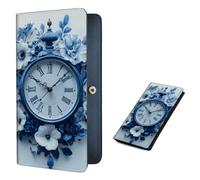 VOGDMKJG Long Bifold Wallet with RFID Blocking, Vintage Blue Clock with Floral Wreath, Floral
