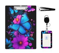 VOGDMKJG Neon Butterfly Purple Clipboard with ID Card Holder - 9x12.5 Inch Acrylic Letter Size Clip Board, Hardboard Clipboard with Metal Clip Aesthetic Office Supplies for Nurses/Teachers/Students