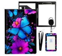 VOGDMKJG Neon Butterfly Purple Leather Padfolio Clipboard with ID Badge Holder&Pen Holde&Heavy Duty Clip File Folder,Efficiency Slim Document Organizer for Nursing/School/Office for Women Men