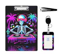 VOGDMKJG Neon DJ Skeleton Clipboard with ID Card Holder - 9x12.5 Inch Acrylic Letter Size Clip Board, Hardboard Clipboard with Metal Clip Aesthetic Office Supplies for Nurses/Teachers/Students