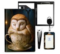 VOGDMKJG Owl Sleeping in Tea Cup Leather Padfolio Clipboard with ID Badge Holder&Pen Holde&Heavy Duty Clip File Folder,Efficiency Slim Document Organizer for Nursing/School/Office for Women Men