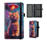 VOGDMKJG Premium Leather Checkbook Cover for Men Women, Multi-Functional Long Wallet with RFID Blocking, Business Card Holder & Pen Loop Slim Design, Cat In Sci-Fi Cyber City, Contemporary