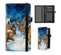 VOGDMKJG Premium Leather Checkbook Cover for Men Women, Multi-Functional Long Wallet with RFID Blocking, Business Card Holder & Pen Loop Slim Design, Cozy Winter Village Snow Night, Retro