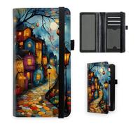 VOGDMKJG Premium Leather Checkbook Cover for Men Women, Multi-Functional Long Wallet with RFID Blocking, Business Card Holder & Pen Loop Slim Design, Cozy Night Village Lane with Lanterns