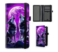 VOGDMKJG Premium Leather Checkbook Cover for Men Women, Multi-Functional Long Wallet with RFID Blocking, Business Card Holder & Pen Loop Slim Design, Galaxy Purple Neon Wolf, Contemporary