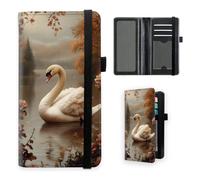 VOGDMKJG Premium Leather Checkbook Cover for Men Women, Multi-Functional Long Wallet with RFID Blocking, Business Card Holder & Pen Loop Slim Design, White Swan on Lake with Autumn Roses, Rustic