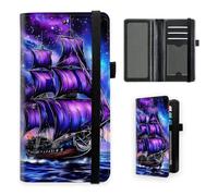 VOGDMKJG Premium Leather Checkbook Cover for Men Women, Multi-Functional Long Wallet with RFID Blocking, Business Card Holder & Pen Loop Slim Design, Purple Cosmic Pirate Ship, Contemporary