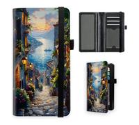 VOGDMKJG Premium Leather Checkbook Cover for Men Women, Multi-Functional Long Wallet with RFID Blocking, Business Card Holder & Pen Loop Slim Design, Coastal Village Street View Mediterranean