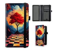 VOGDMKJG Premium Leather Checkbook Cover for Men Women, Multi-Functional Long Wallet with RFID Blocking, Business Card Holder & Pen Loop Slim Design, Chess Board Path to Red Autumn Tree, Contemporary