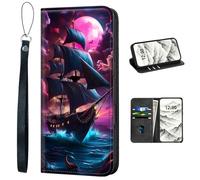 VOGDMKJG PU Leather+TPU Phone Case for Google Pixel 8 Pro- Stylish Flip Folio Wallet Cover Protective with Wrist Strap & Card Holder for Women/Man/Girl/Boy On-The-Go Lifestyle Midnight Boat