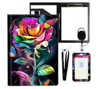 VOGDMKJG Rainbow Rose Leather Padfolio Clipboard with ID Badge Holder&Pen Holde&Heavy Duty Clip File Folder,Efficiency Slim Document Organizer for Nursing/School/Office for Women Men