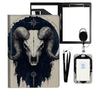 VOGDMKJG Ram Skull Sacred Leather Padfolio Clipboard with ID Badge Holder&Pen Holde&Heavy Duty Clip File Folder,Efficiency Slim Document Organizer for Nursing/School/Office for Women Men
