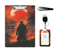 VOGDMKJG Samurai Blood Red Moon Clipboard with ID Card Holder - 9x12.5 Inch Acrylic Letter Size Clip Board, Hardboard Clipboard with Metal Clip Aesthetic Office Supplies for Nurses/Teachers/Students