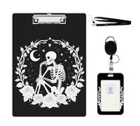 VOGDMKJG Skeleton Floral Moon Clipboard with ID Card Holder - 9x12.5 Inch Acrylic Letter Size Clip Board, Hardboard Clipboard with Metal Clip Aesthetic Office Supplies for Nurses/Teachers/Students