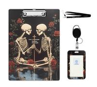 VOGDMKJG Skeleton Lovers Rose Clipboard with ID Card Holder - 9x12.5 Inch Acrylic Letter Size Clip Board, Hardboard Clipboard with Metal Clip Aesthetic Office Supplies for Nurses/Teachers/Students